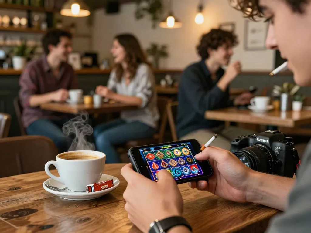 Luxury12 online gaming experience with player enjoying a slot game over coffee in a cozy café.