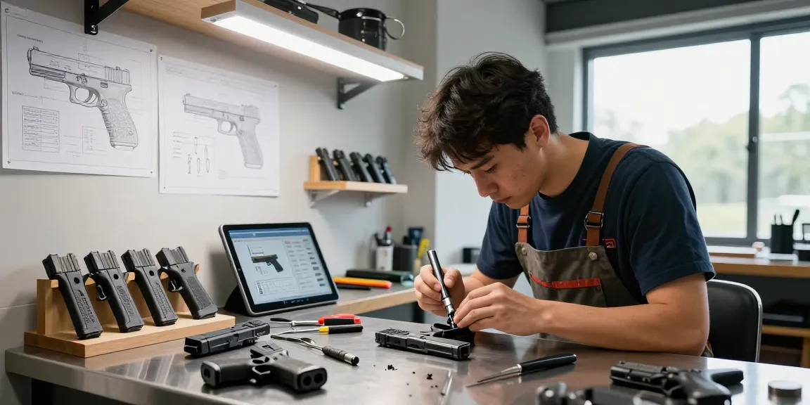 Precision Glock slides being crafted at https://precisionglockslides.com in a modern workshop, highlighting custom gun modifications.