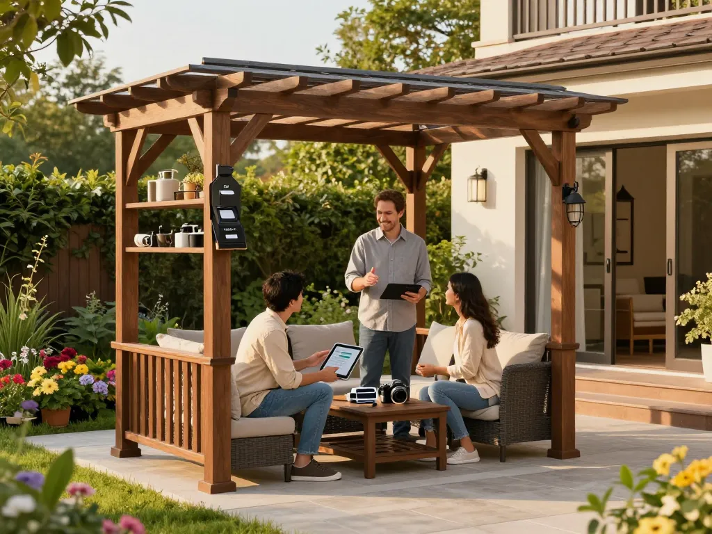 Engaging interaction with a customer using the 3D Pergola Configurator in a beautifully designed outdoor patio.