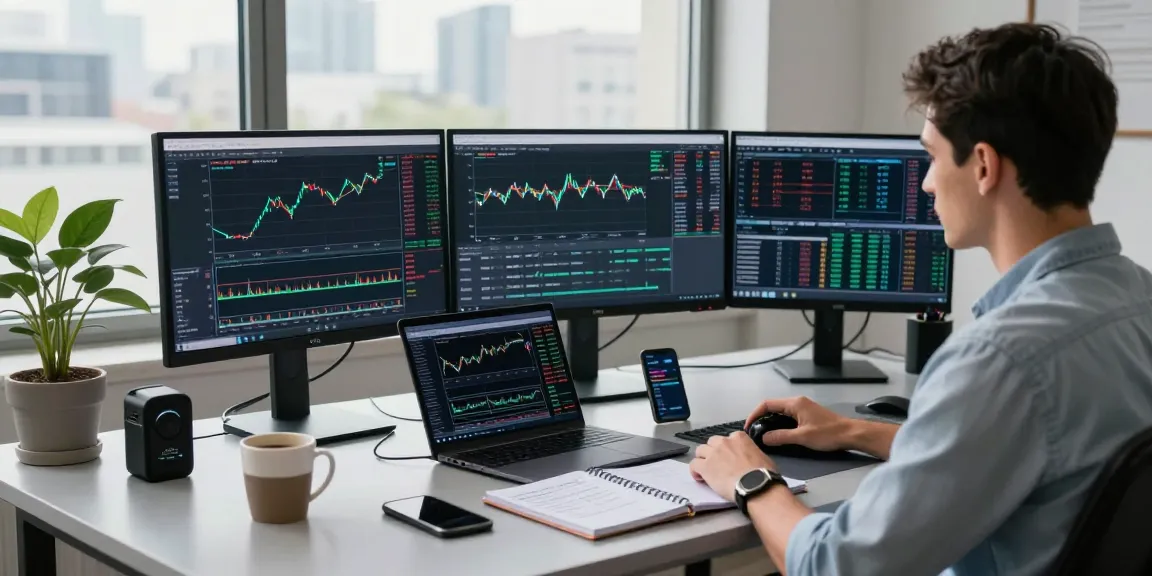 MetaTrader 4 trading workspace with live forex charts and tools at a modern desk