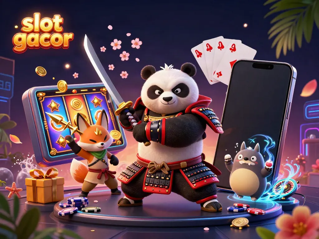 Experience the thrill of slot gacor with a vibrant 3D illustration featuring dynamic casino characters.