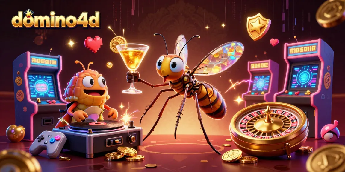Permainan domino4d dengan maskot kasino, DJ trilobite, dan elemen kasino berwarna-warni.