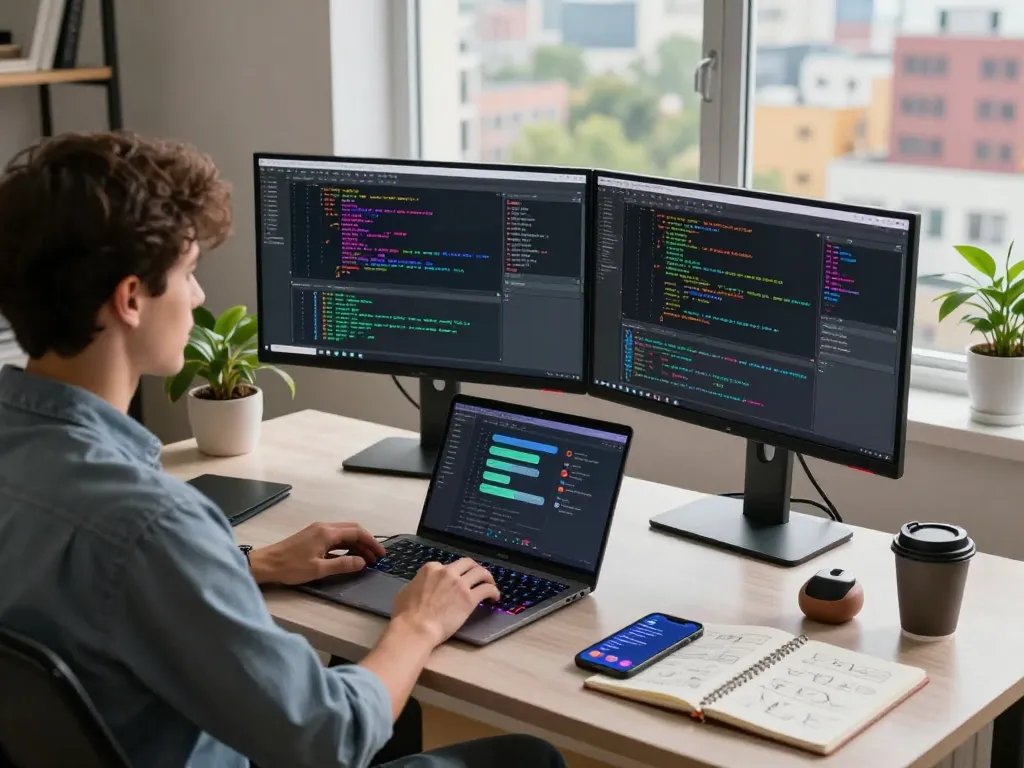 Moltbot AI developer coding in a modern home office with dual monitors and creative tools.