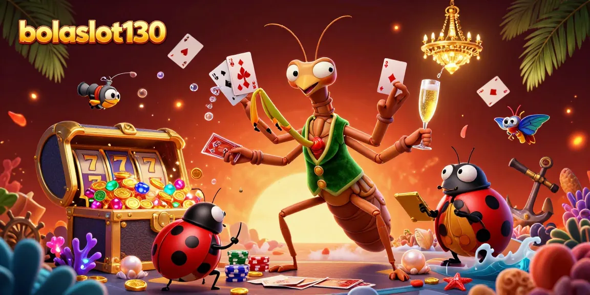 Experience the excitement of bolaslot130 with a vibrant casino scene featuring card dealing mantis and ladybug pit boss.