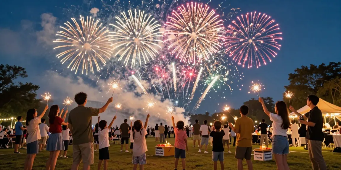 A family celebrating with fireworks for sale, colorful bursts lighting up the night sky during a festive gathering.