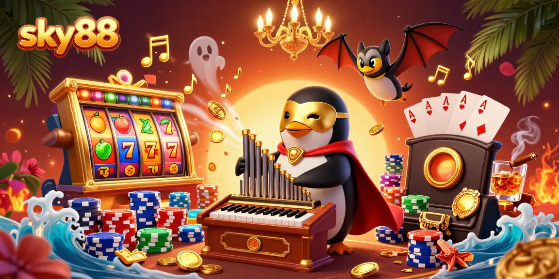Sky88 casino scene with a penguin playing a golden pipe organ, spinning slot reels, and vibrant poker elements.