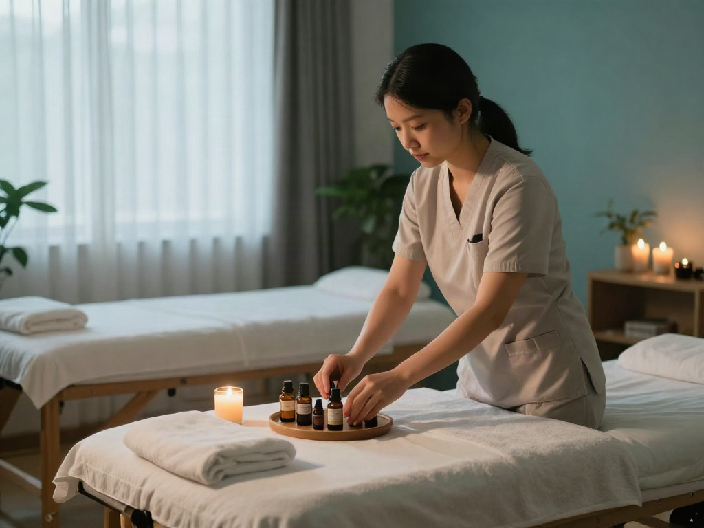 Relaxation room scene for 천호동출장마사지 with essential oils and tranquil atmosphere.