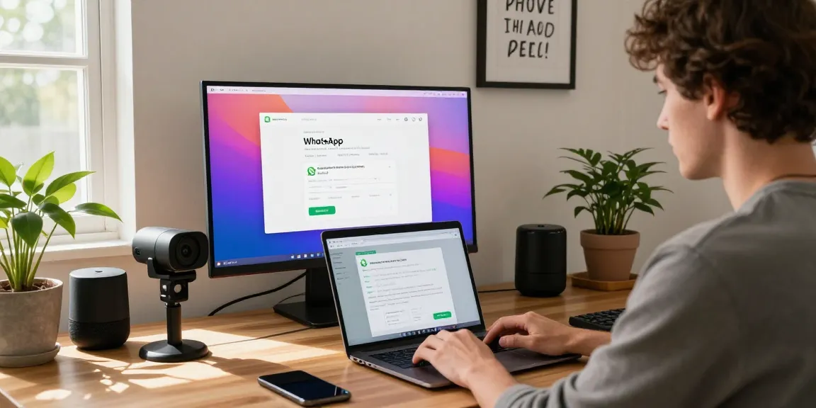 Engaged user accessing WhatsApp網頁版 on a laptop in a modern home office setting, showcasing productivity.
