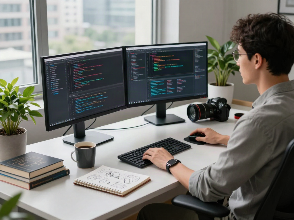 Focused developer using bro138 in a high-tech workspace with monitors.