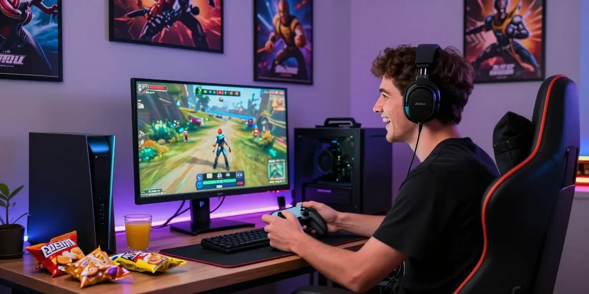 Pengguna menikmati permainan online di https://truewealthbooks.com/ dikelilingi suasana gaming yang energik dengan monitor dan lampu LED.