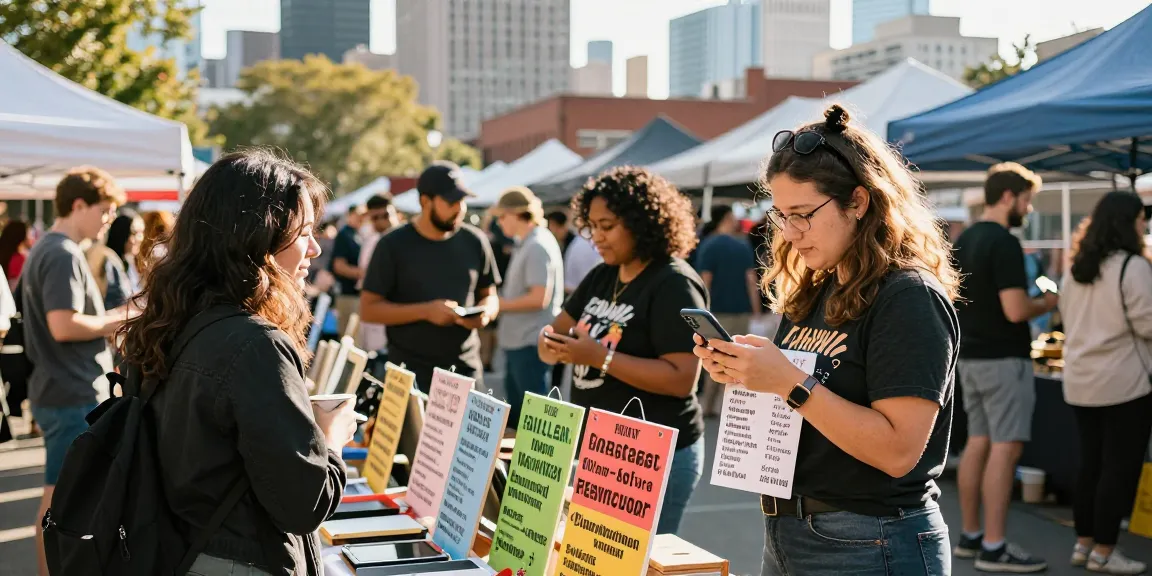 Engaging local marketplace scene representing BedPersonal classifieds directory, featuring diverse community interactions and vibrant category displays.