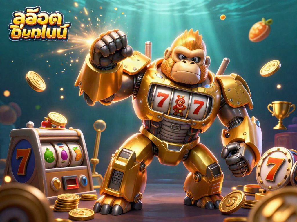 Engage in สล็อตออนไลน์ with a powerful golden gorilla mech surrounded by vibrant slot symbols.