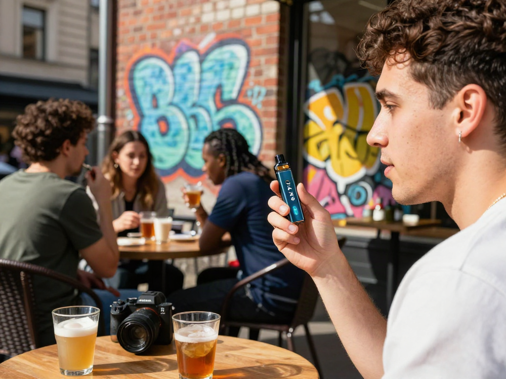Individual enjoying a Ryse vape pen while socializing at a trendy café.