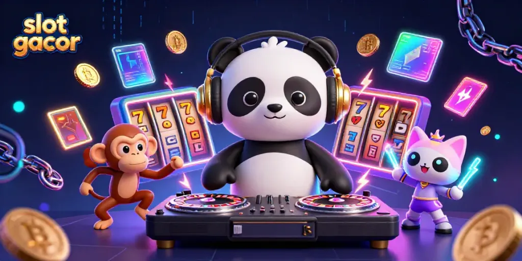 Experience the excitement of slot gacor with this dynamic DJ panda, breakdancing monkey, and rave kitten illustration.