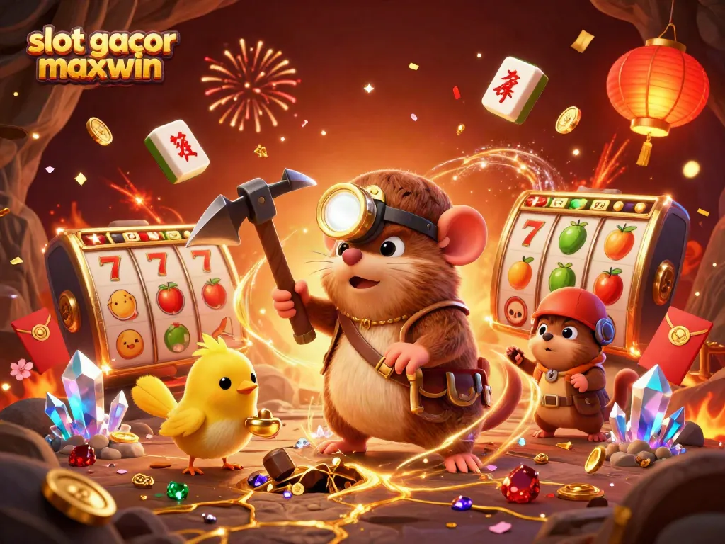 Engage with the thrilling world of slot gacor maxwin as cartoon characters mine gems amid casino elements.