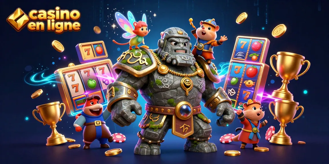 Plongez dans l'univers du casino en ligne avec un golem magique et une fée, entourés de machines à sous scintillantes.