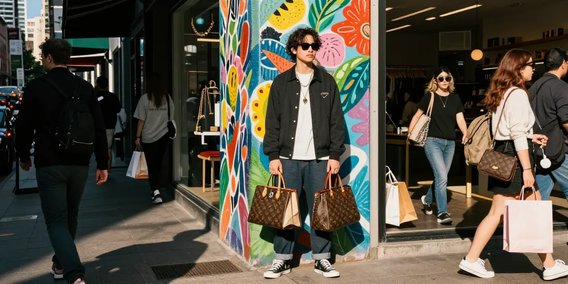 Fashionable urban scene with a collection of 레플리카 accessories against a colorful mural.