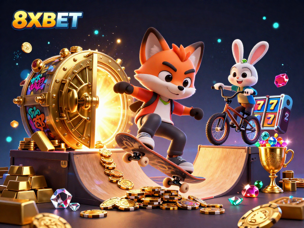 Experience thrilling gameplay with 8XBET in a vibrant casino-themed scene featuring dynamic characters.