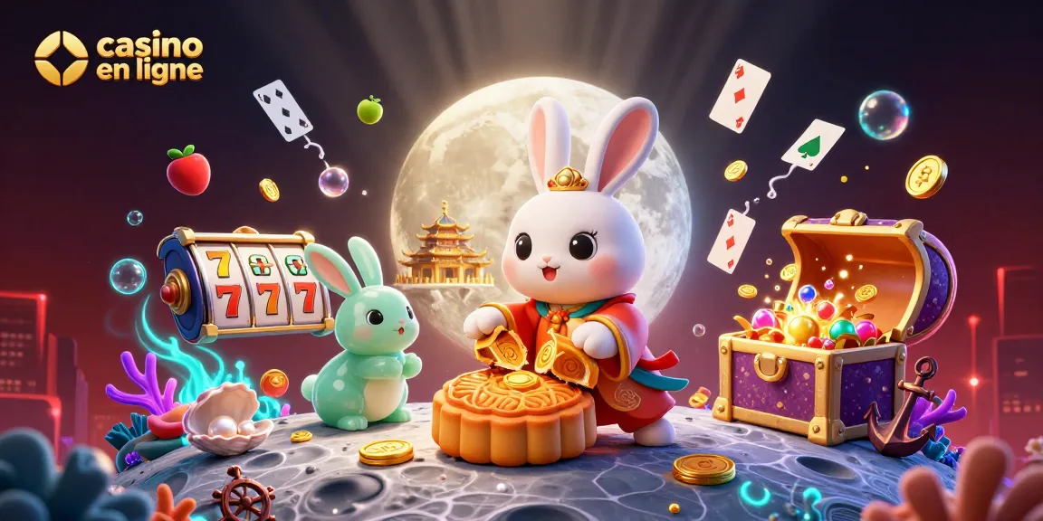 Jouer dans un casino en ligne avec une illustration de lapin lunaire et des jetons de poker.