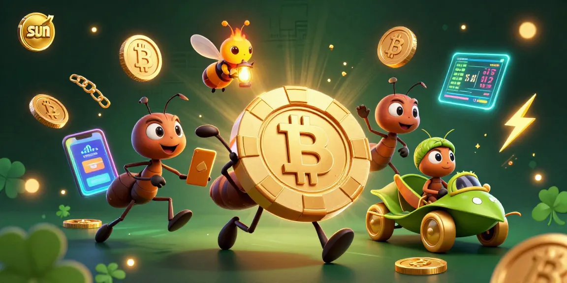 Win big at the sun-themed casino with 3D cartoon ants carrying a giant poker chip.