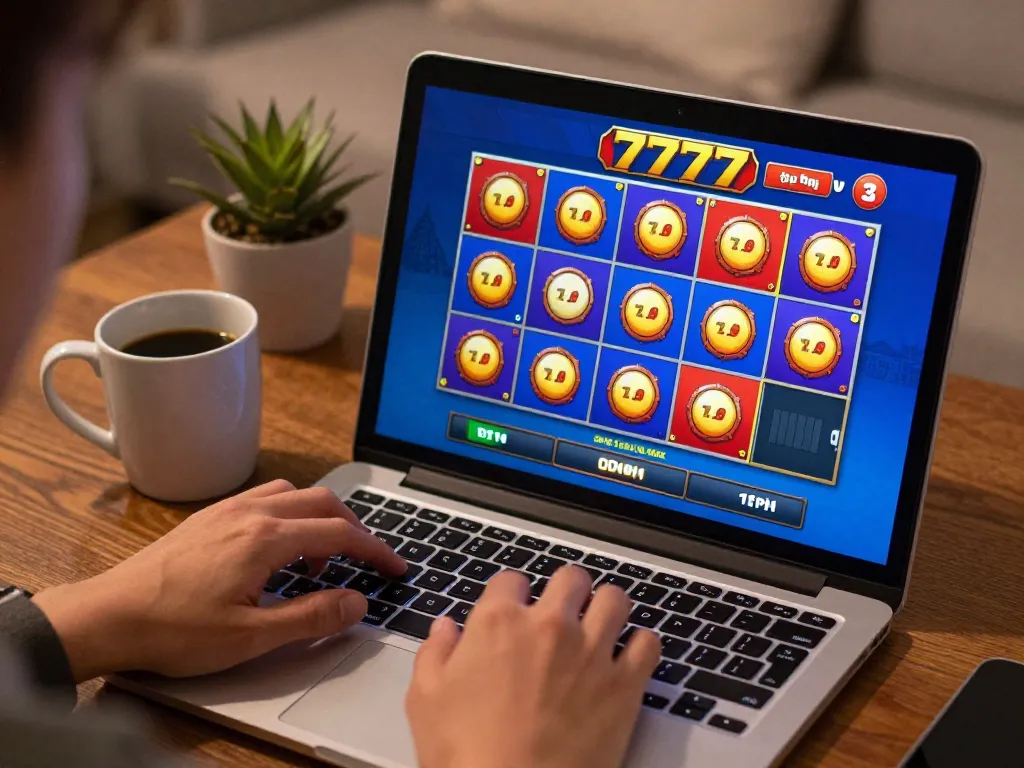 Playing slot777 games on a laptop in a cozy home setting for responsible online gambling.
