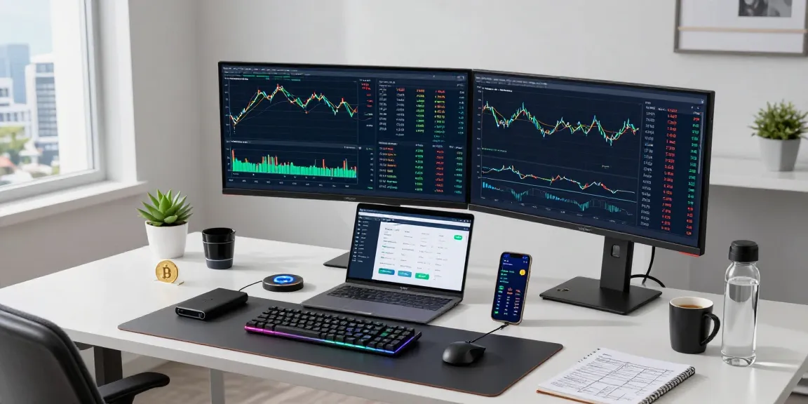 Bitcoin mining platform activity in a professional crypto workspace featuring trading charts, digital wallets, and modern tech setup