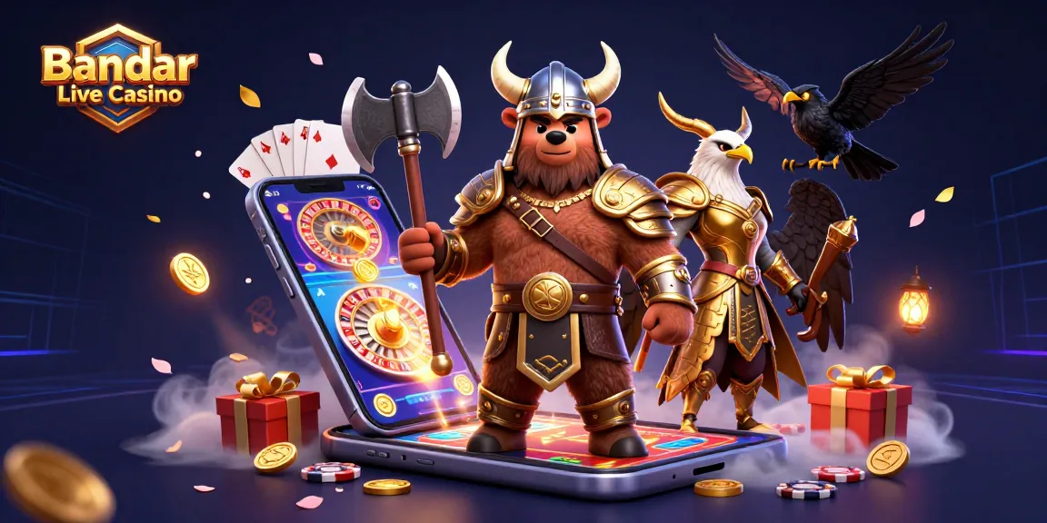 Engage with Bandar Live Casino's exciting atmosphere among vibrant gaming elements and animated characters.