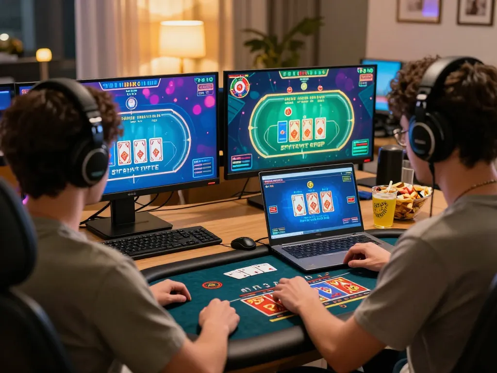 LLWIN player strategizing during online video poker game session at home setup.