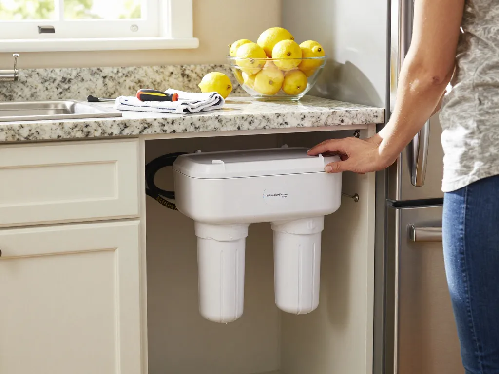 Installing the Waterdrop Plus WDP-F19C Replacement for GE® RPWFE® water filter in a modern kitchen, showcasing easy home maintenance.