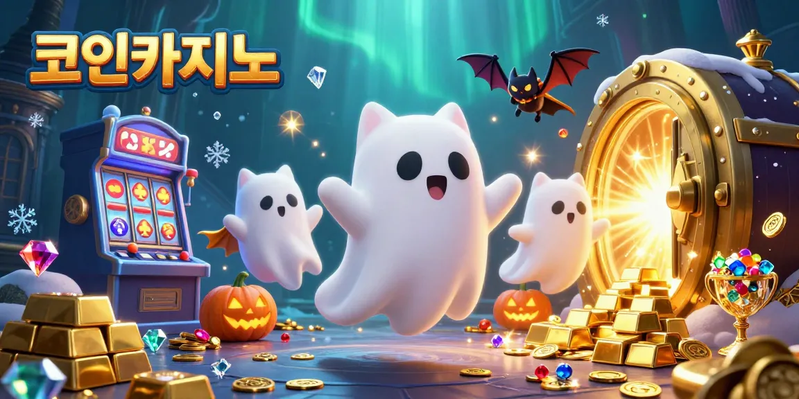 코인카지노에서 슬롯 머신과 함께 새로운 베팅 경험을 즐기는 귀여운 유령 고양이와 친구들.