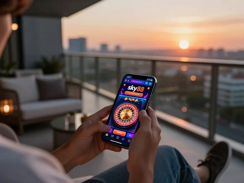 Engaging in a thrilling sky88 mobile casino game on a stylish balcony with a city view