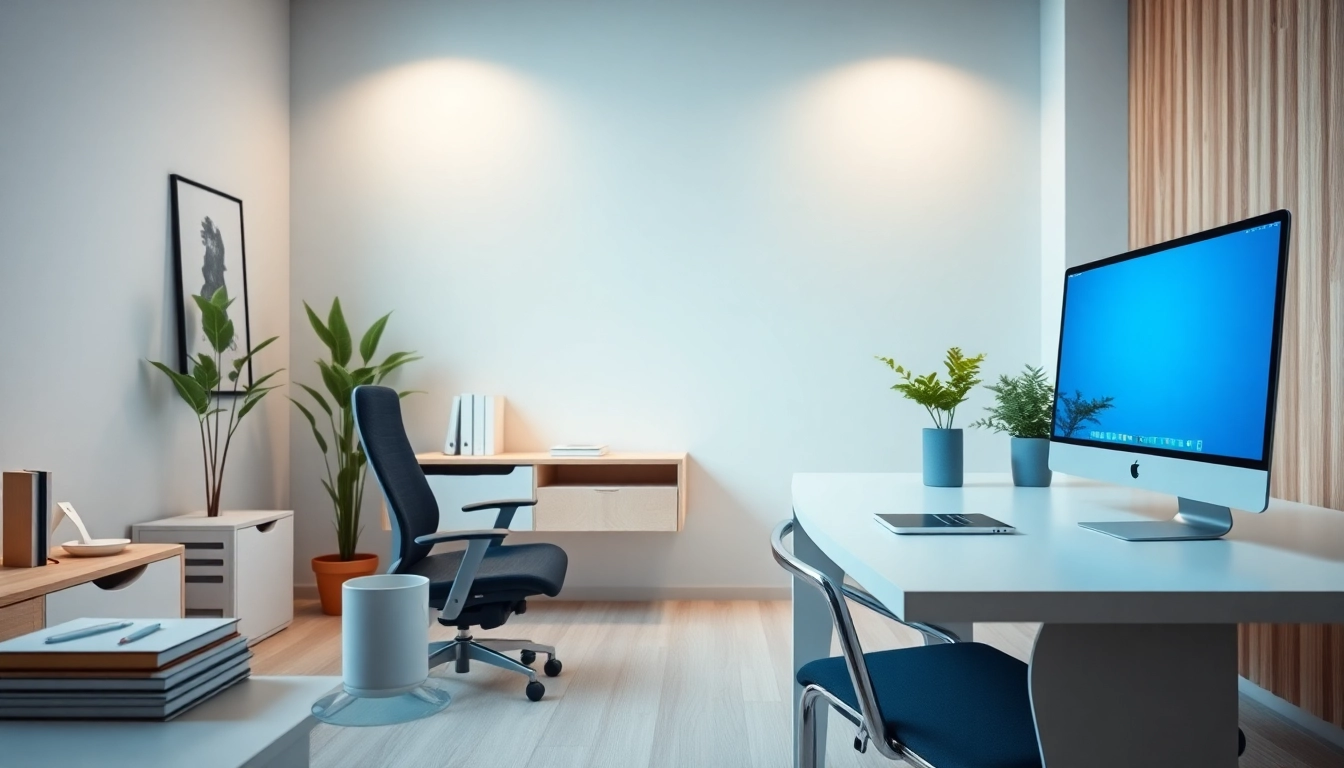 Impression eines modernen digitalen Arbeitsplatzes auf https://alvionz.de/ mit ergonomischem Stuhl und Laptop.