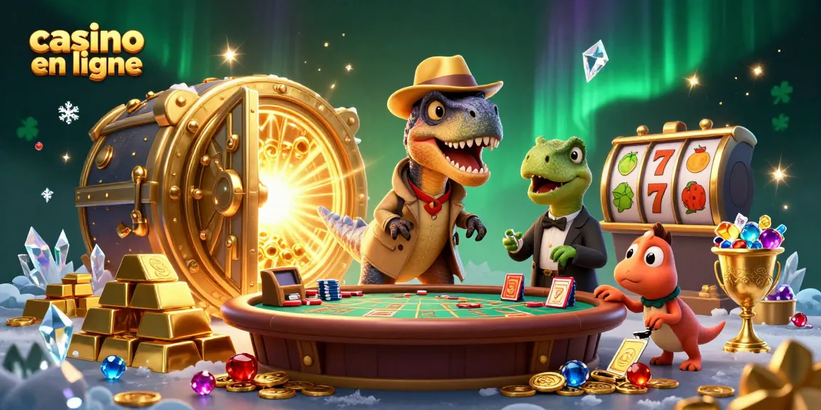 Jouez au casino en ligne avec un velociraptor comptable et des trésors de jeux sous un ciel auroral.