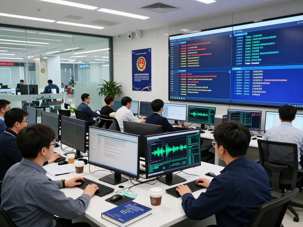 Team of cybersecurity experts in a bank analyzing AI voice fraud risks, showcasing advanced technology and vigilance.