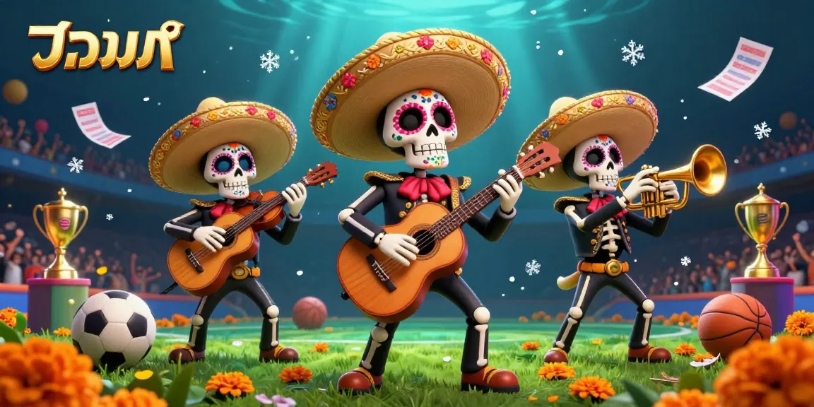Engage in แทงบอล with enthusiasm, witnessing a vibrant mariachi band amidst sports elements and thrilling trophies.
