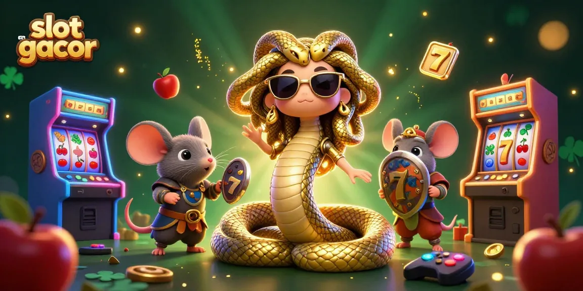 Gambarlah slot gacor dan simbol jackpot dengan Medusa yang imut dan teman-temannya di latar belakang berkilau.
