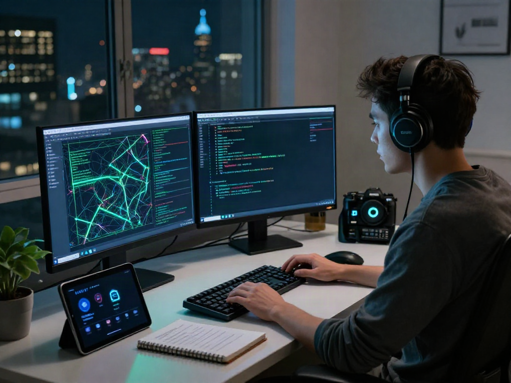 Person exploring the hidden wiki on dual monitors in a high-tech workspace.