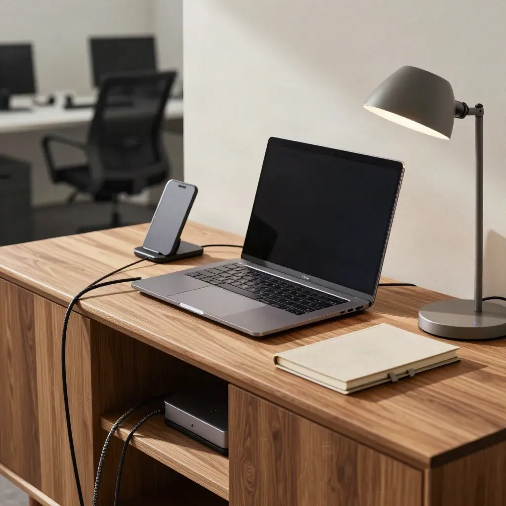Managed IT support corner with docked laptop, phone cradle, and lamp glowing on a warm oak credenza.