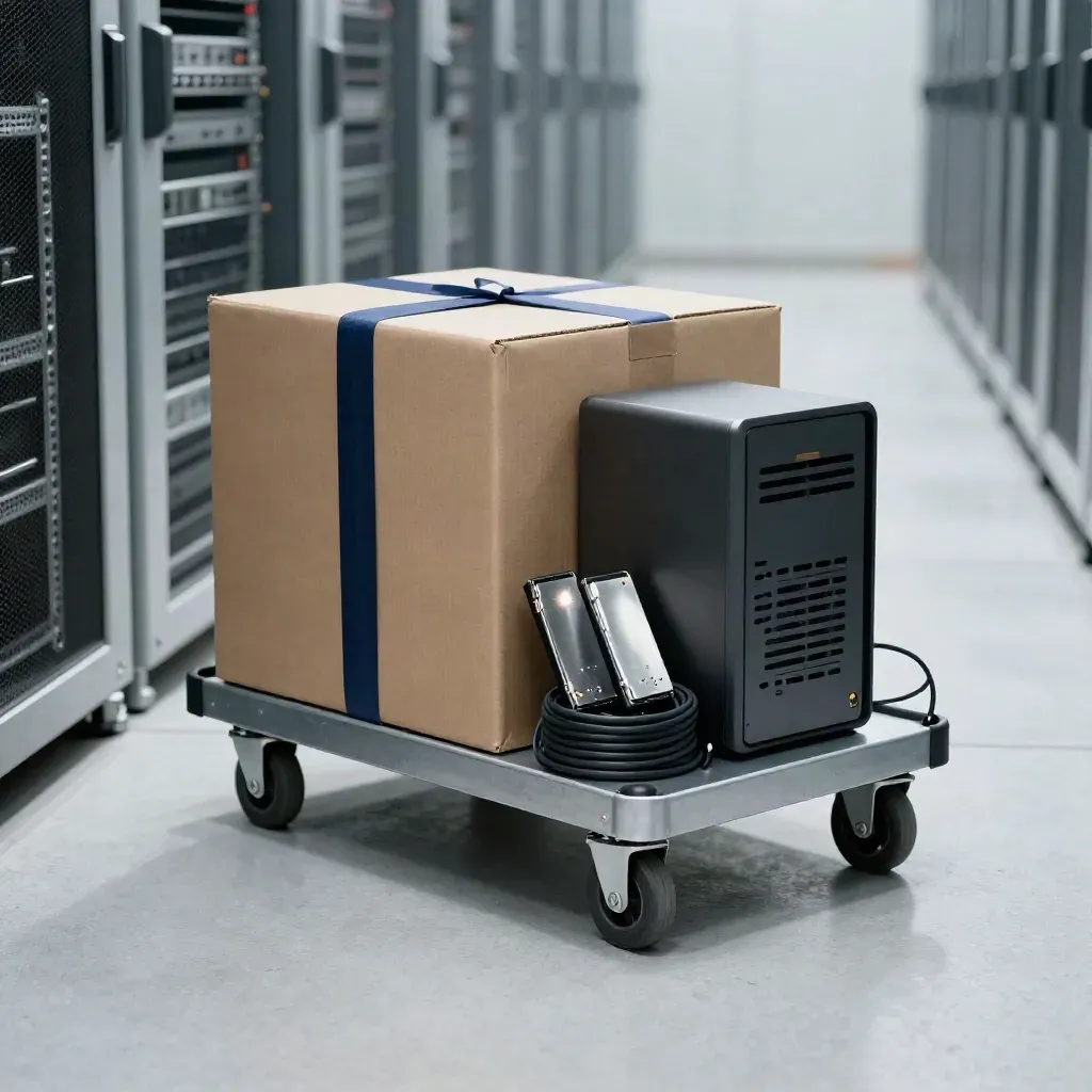 Server cart with migration carton, SSDs, NAS and fiber patch in a hazy cutover aisle.