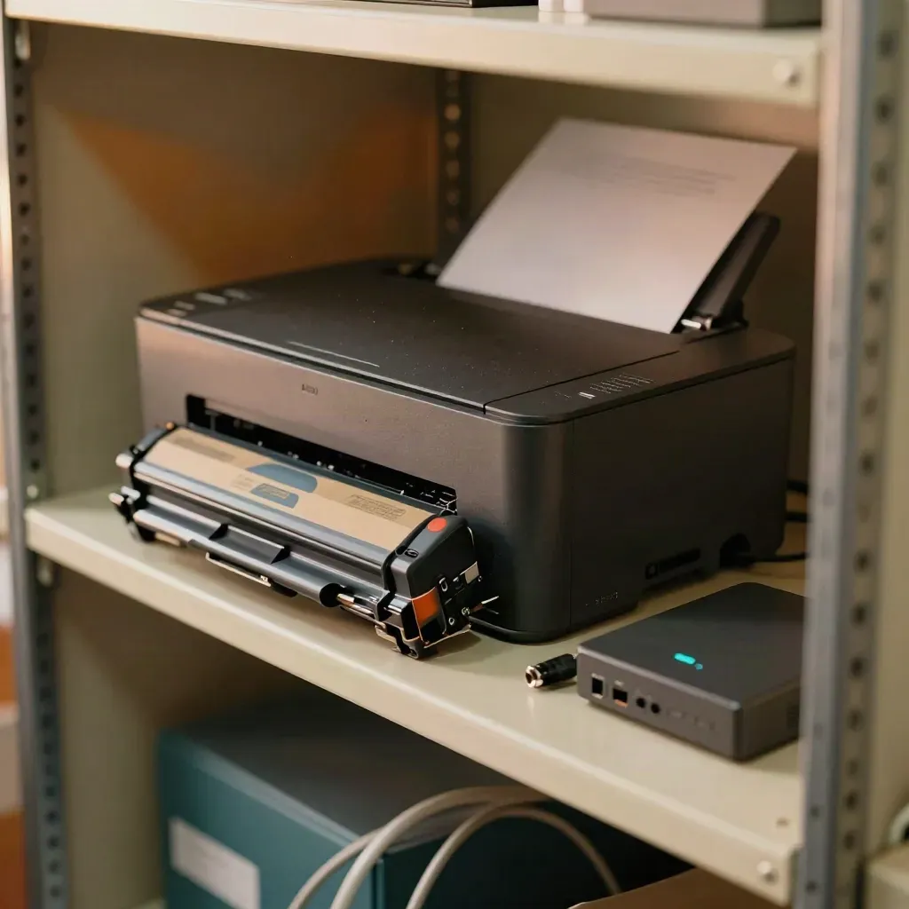 Printer tray, toner box, Ethernet adapter and modem on a utility shelf in warm afternoon light.