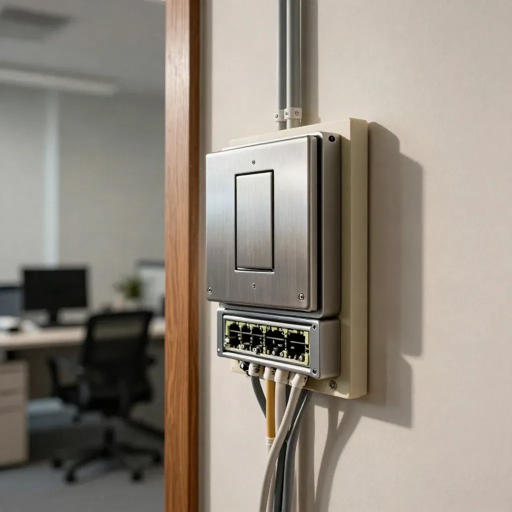 Dusty new office network switch, patch panel edge, wall plate and cable loops lit by side light