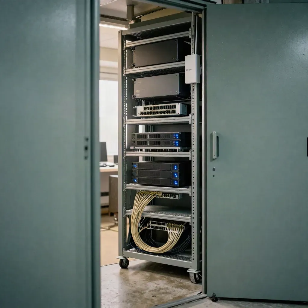 Moody server closet with glowing switches, firewall, NAS backups and blue LEDs