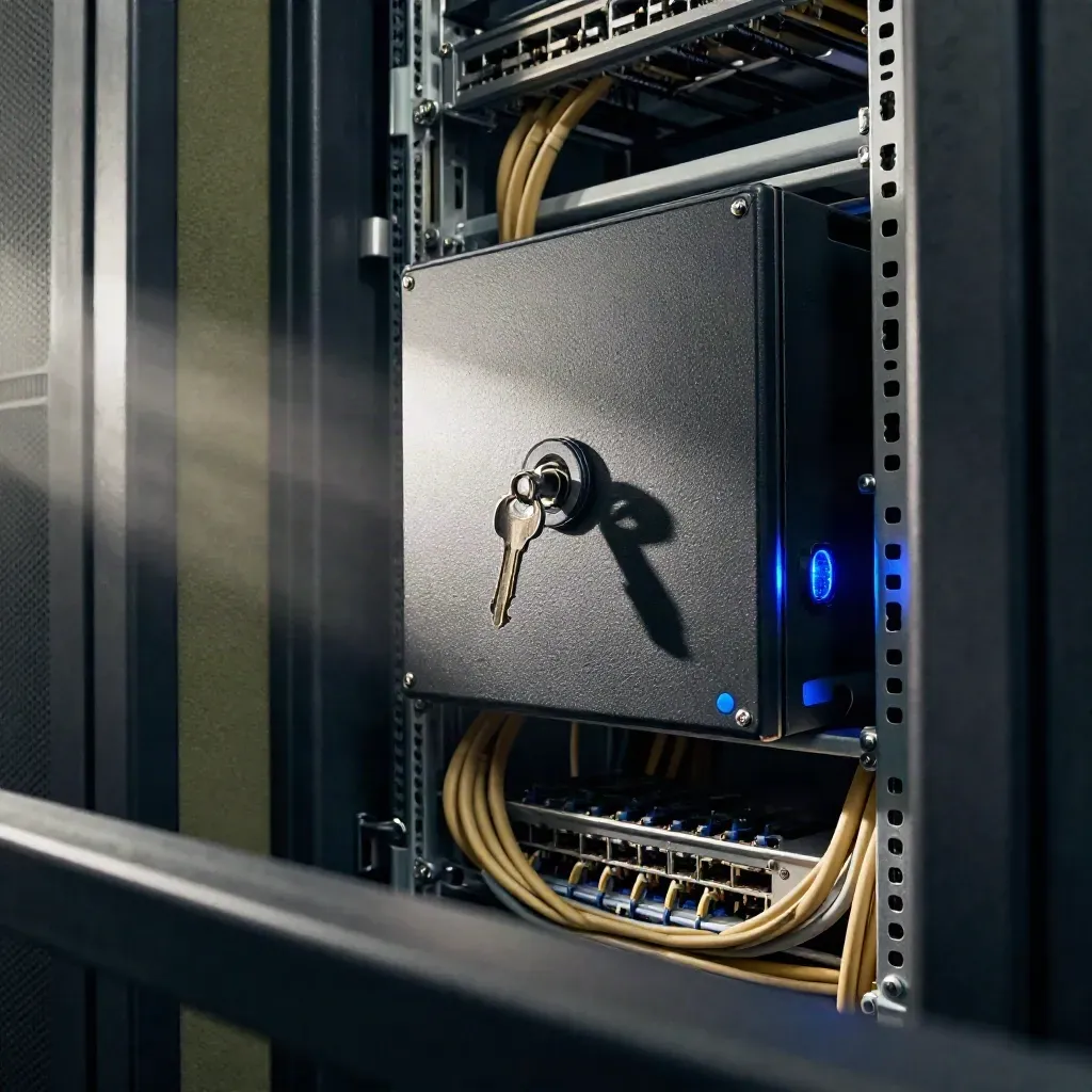 Locked firewall rack glowing in a dark server closet with sensor puck and tidy cabling.