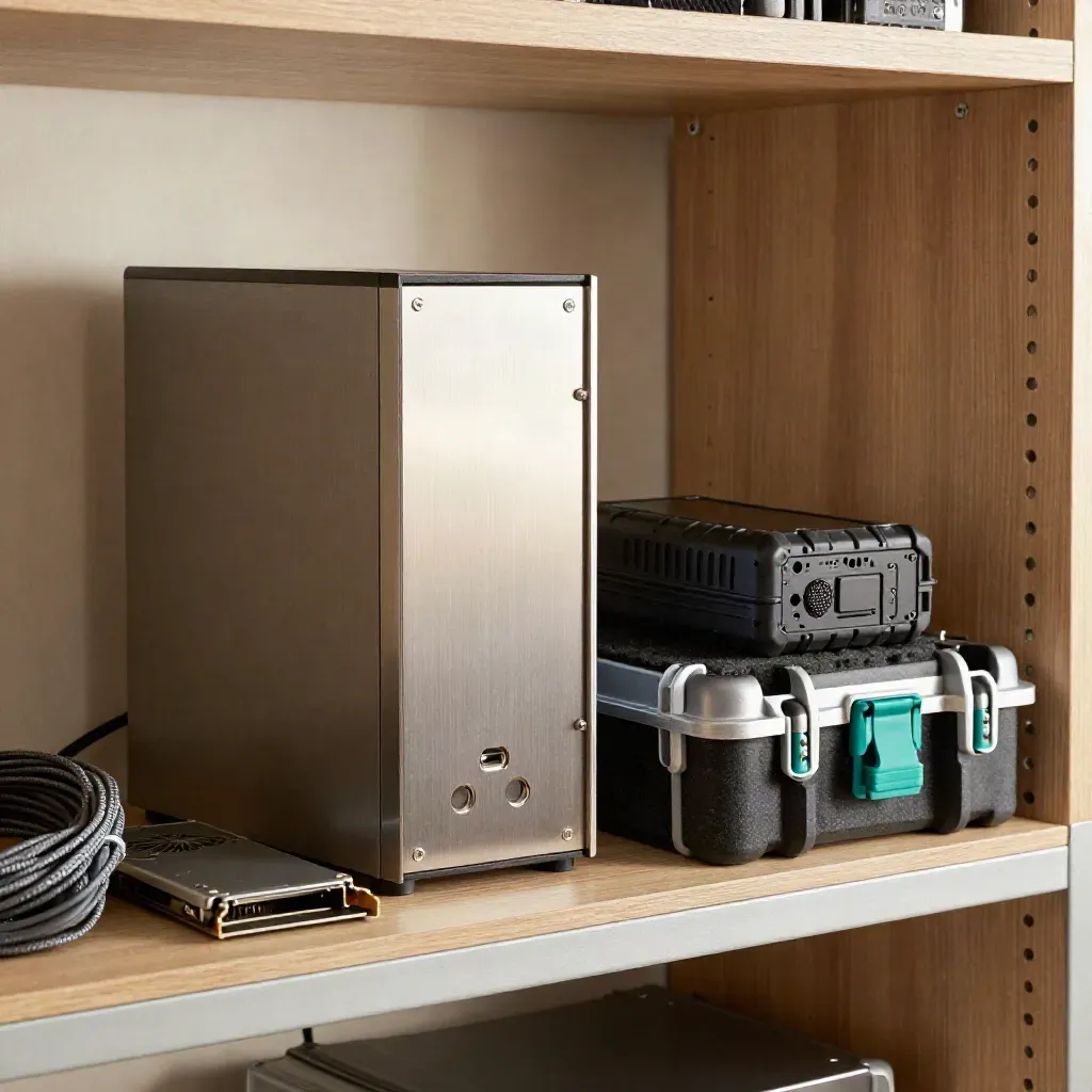 Backup tower, rugged drive, and hard case on a secure shelf in warm window light.