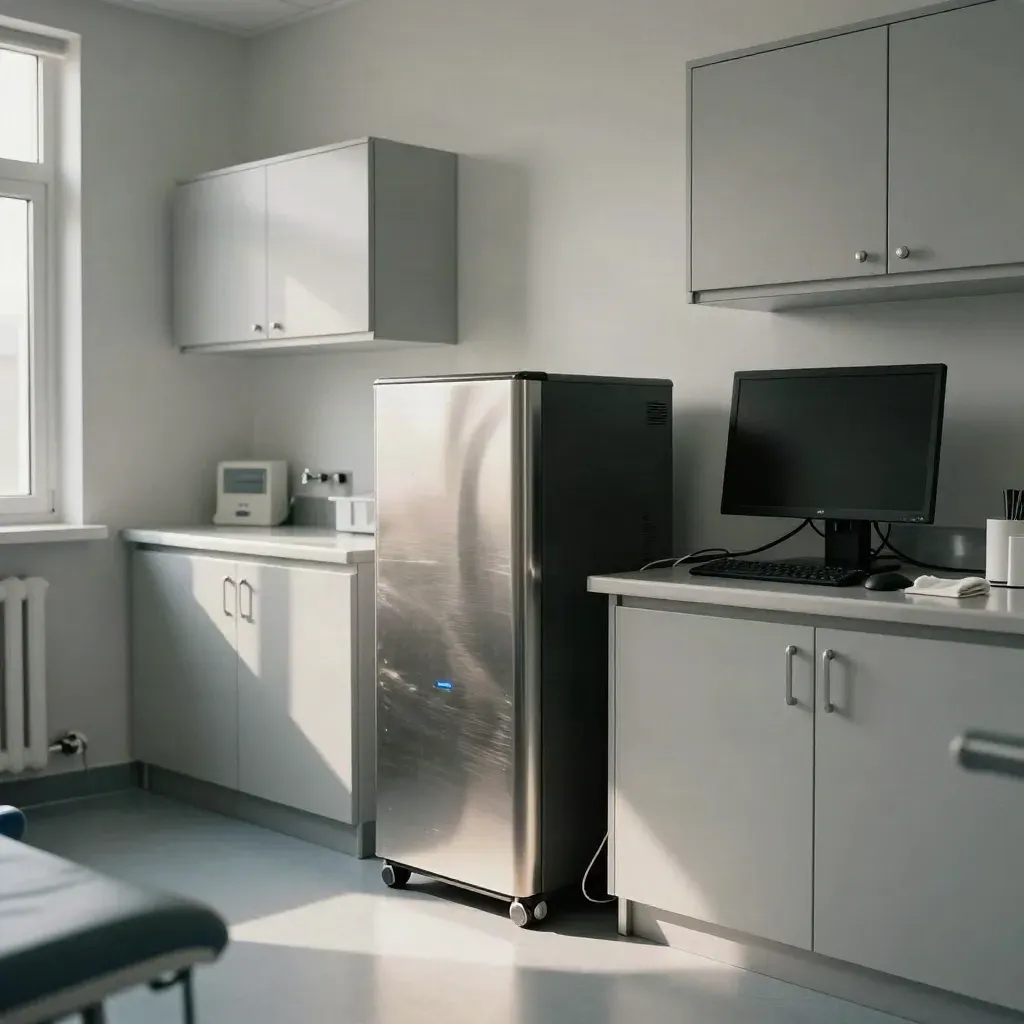 Dental back room with cabinets, NAS, and docked workstation after cloud migration