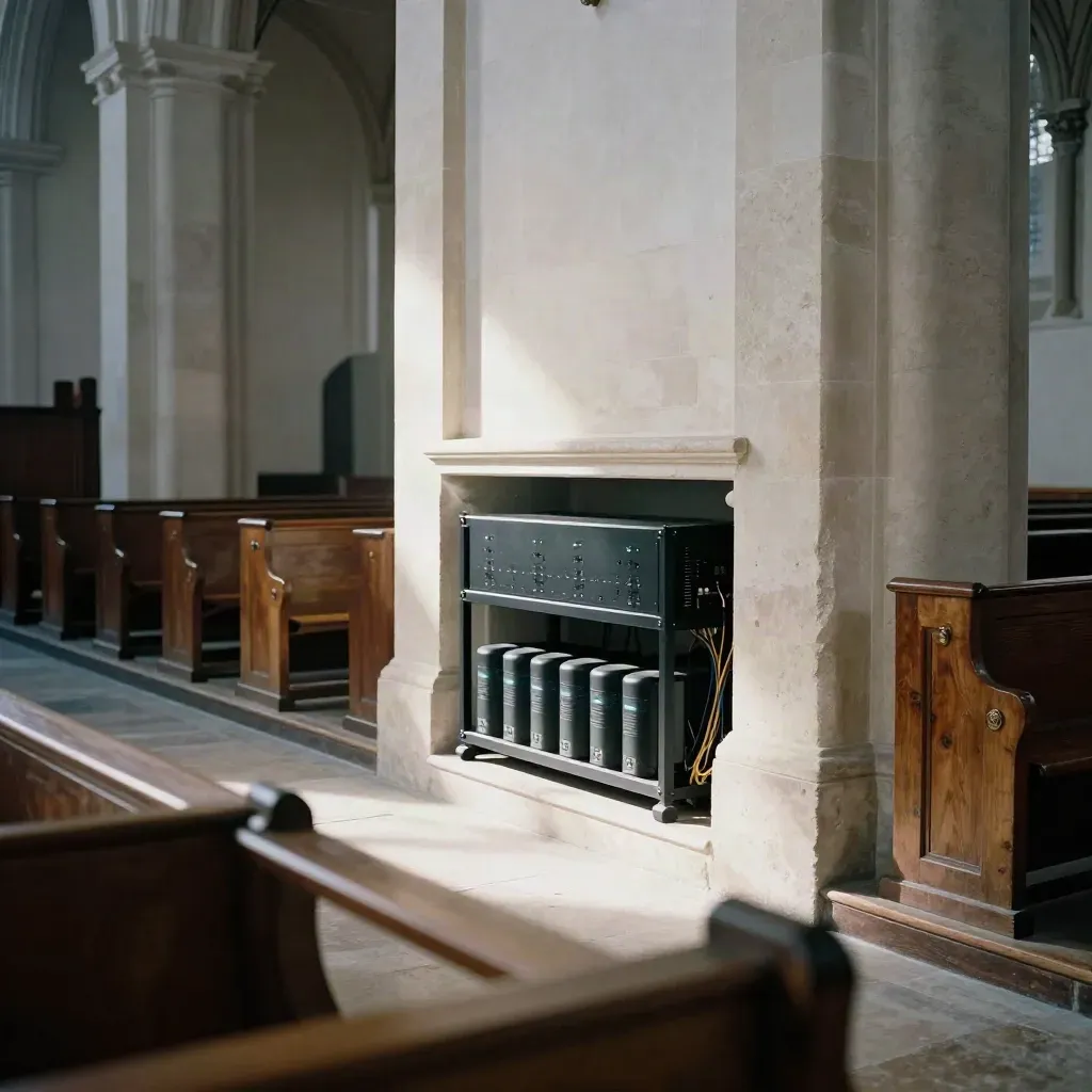 Empty church nave with hidden Wi‑Fi gear, access points, and backup power glowing softly.