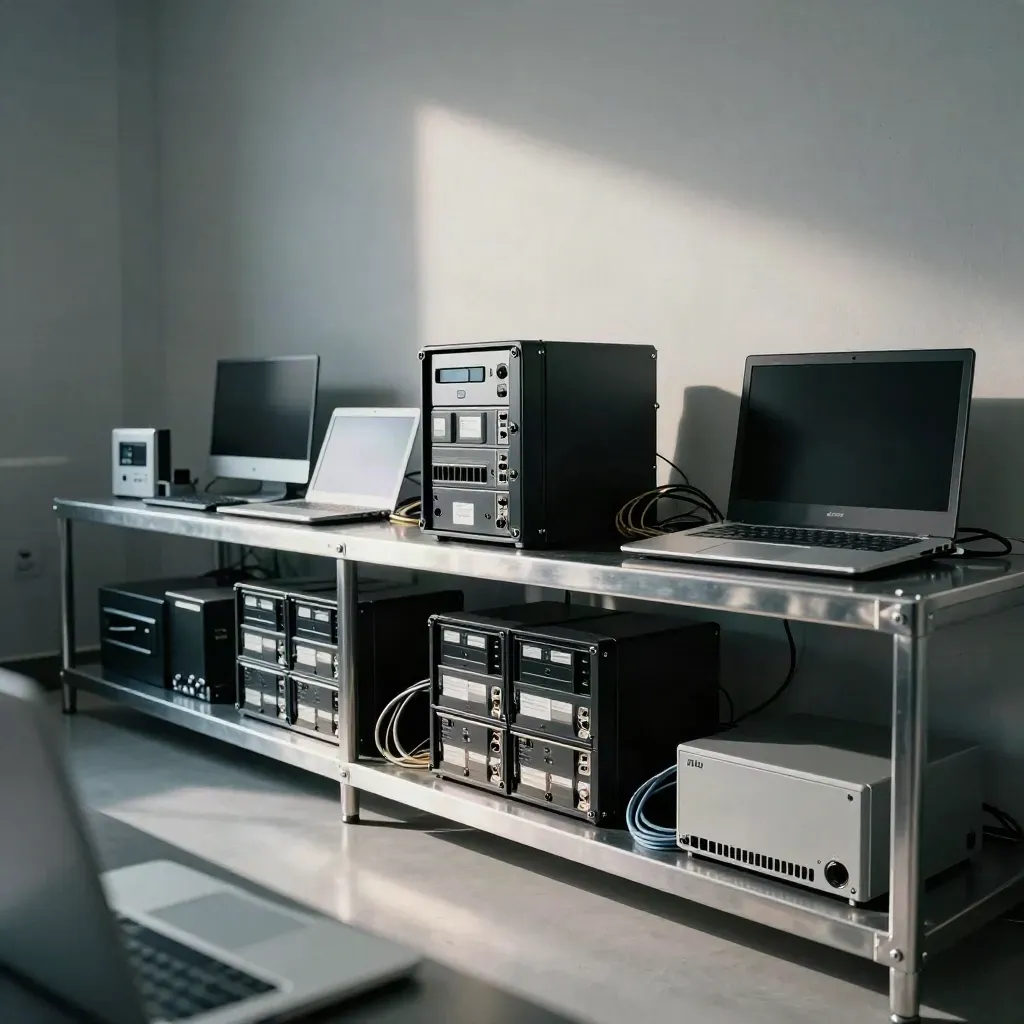 Restored CPA office shelf with backup vault, disinfected laptops, and quiet workstation rows.