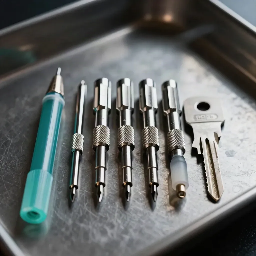 Top-down maintenance kit with screwdriver set, SFP modules, fiber pen and rack key on dark metal.