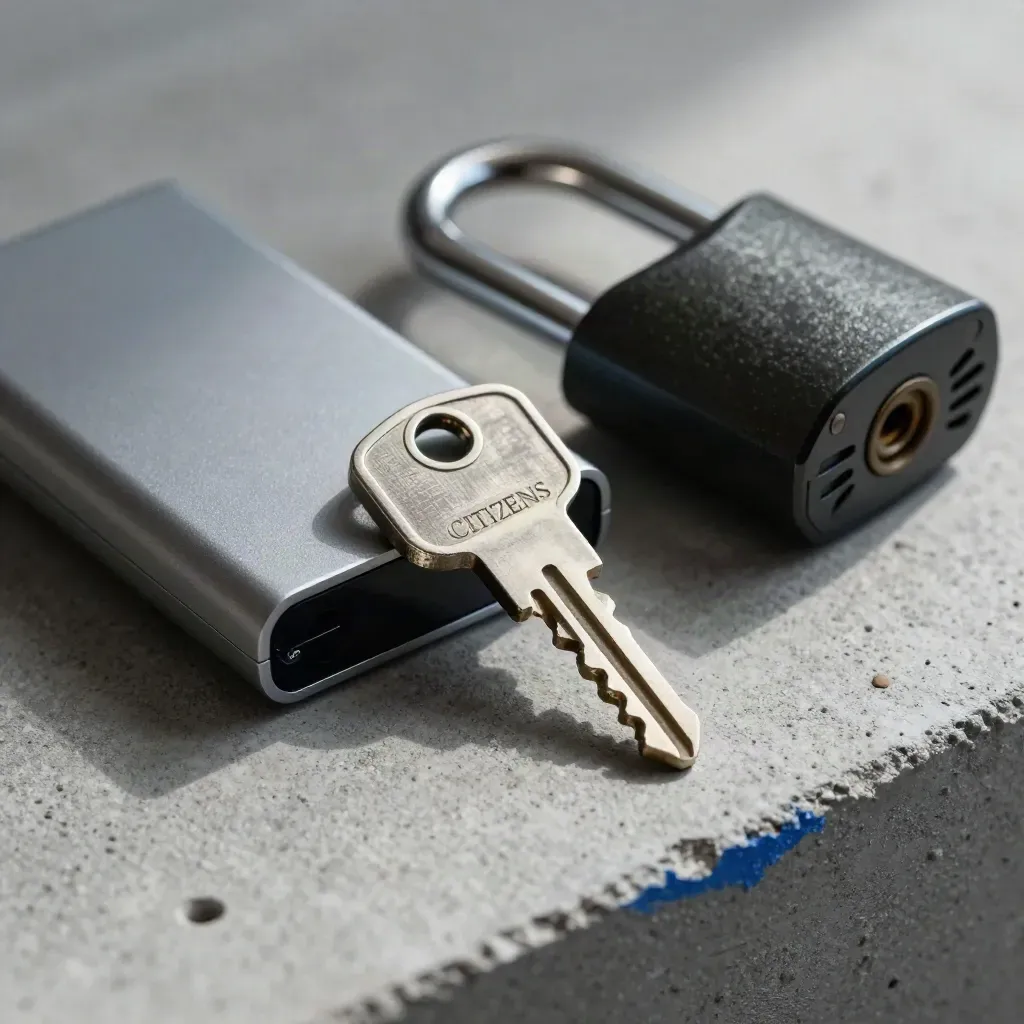 Hardware security key, locked drive, padlock and firewall appliance on brushed concrete.