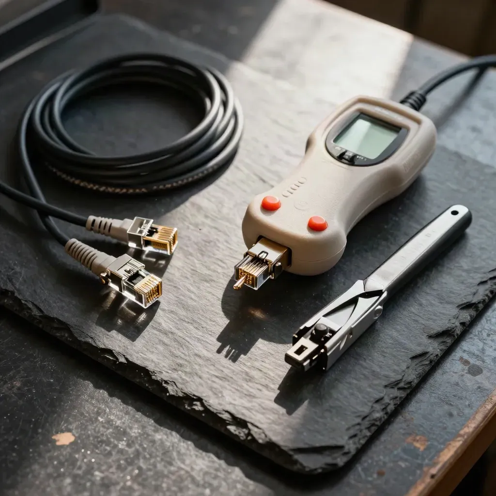 Slate tray with cable tester, RJ45 plugs, patch cord coils and punchdown tool.